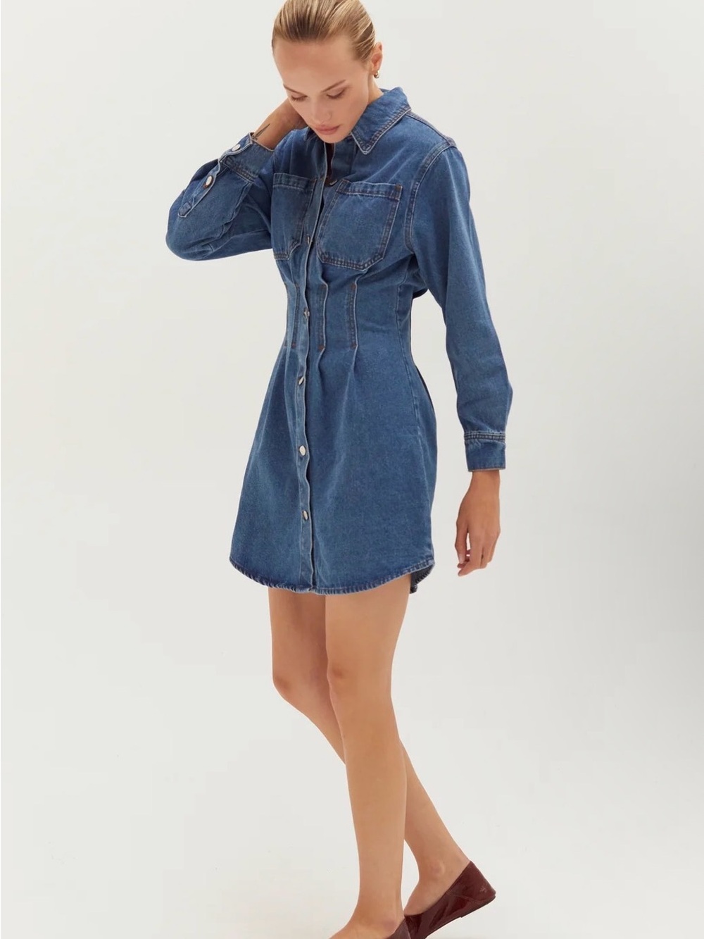 Crescent Zae Blue Denim Button-Front Mini Dress Western Boho Indie Sleeze - Picture 2 of 8